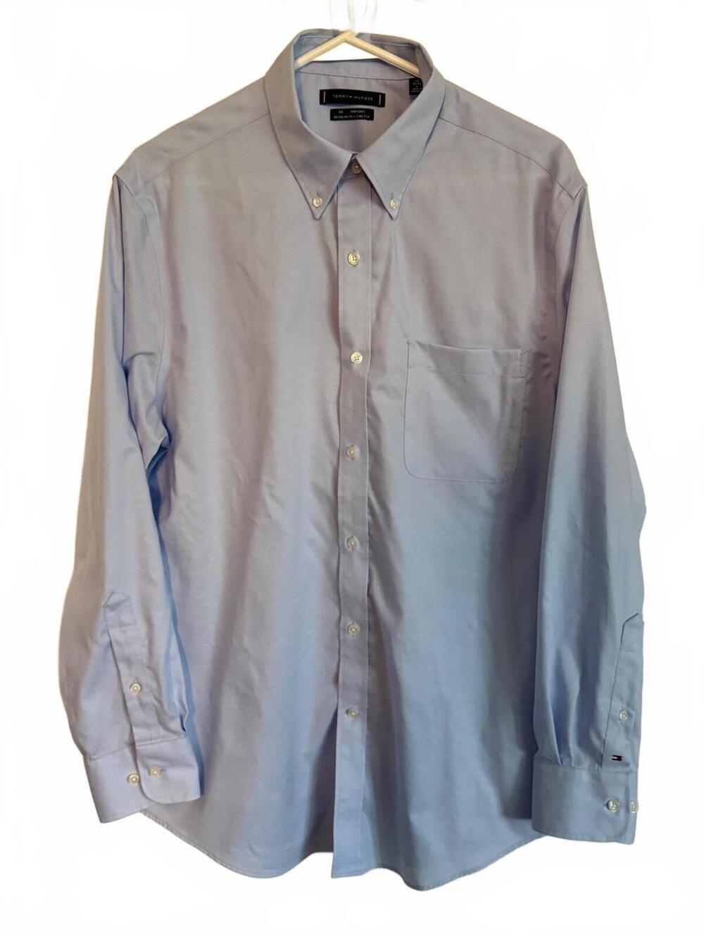 Tommy Hilfiger Men's Light Blue Pinpoint Dress Shirt Regular Fit Stretch Size L